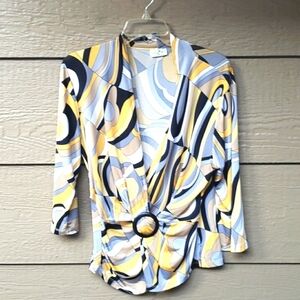 Caribe USA Wrap Blouse Multicolor Large 3/4 Sleeves yellow Swirl